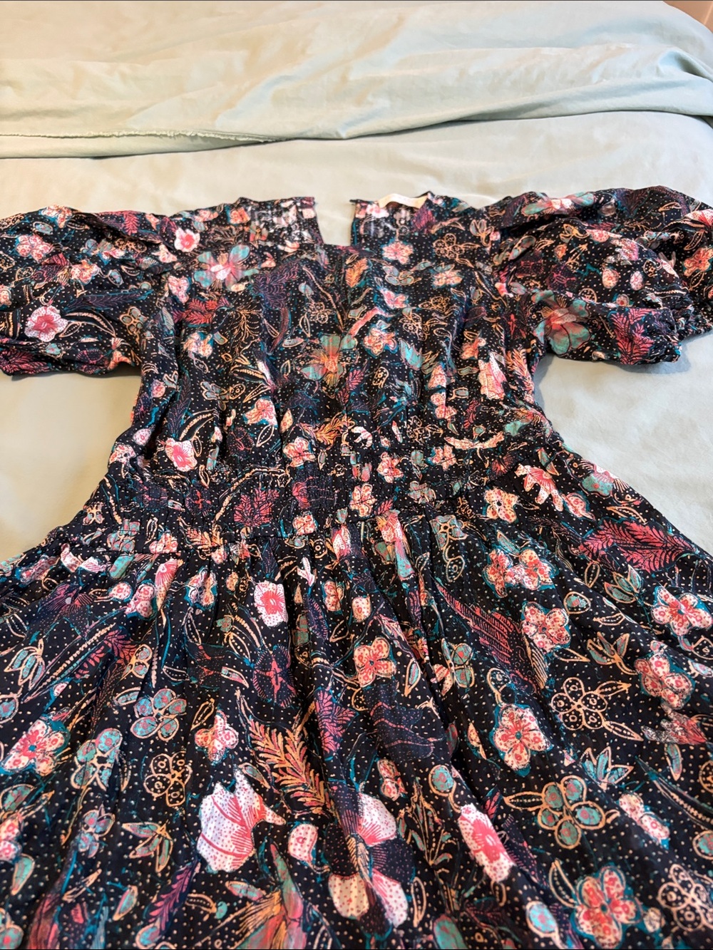 Ulla Johnson Navy Floral Dress with Pink and Teal Accents